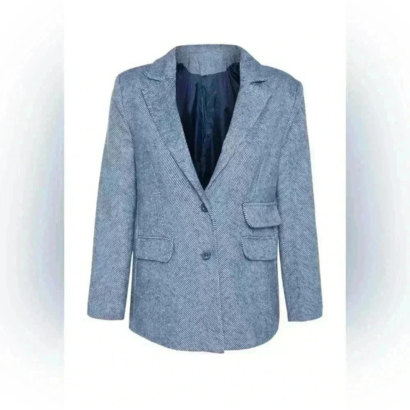 NWT Trendyol Blue Herringbone Tweed Blazer Sz 8 Item#20 - Picture 6 of 14